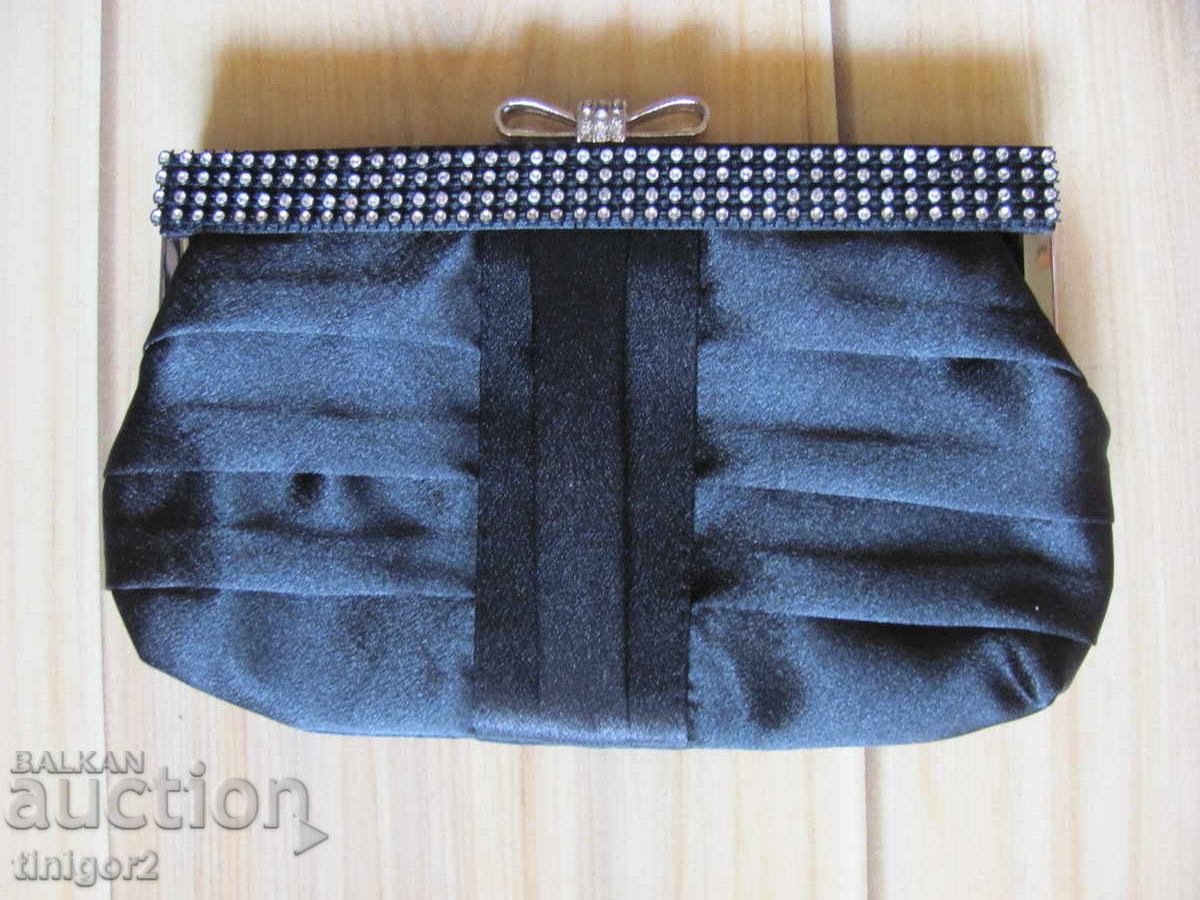 New official women's handbag, black satin, short, long handle - 6 New official women's handbag, black satin, short, long handle - 6