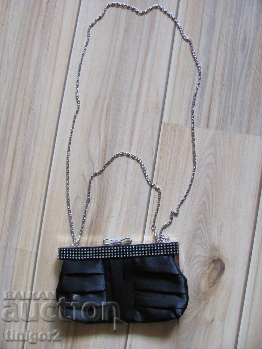 New official women's handbag, black satin, short, long handle New official women's handbag, black satin, short, long handle