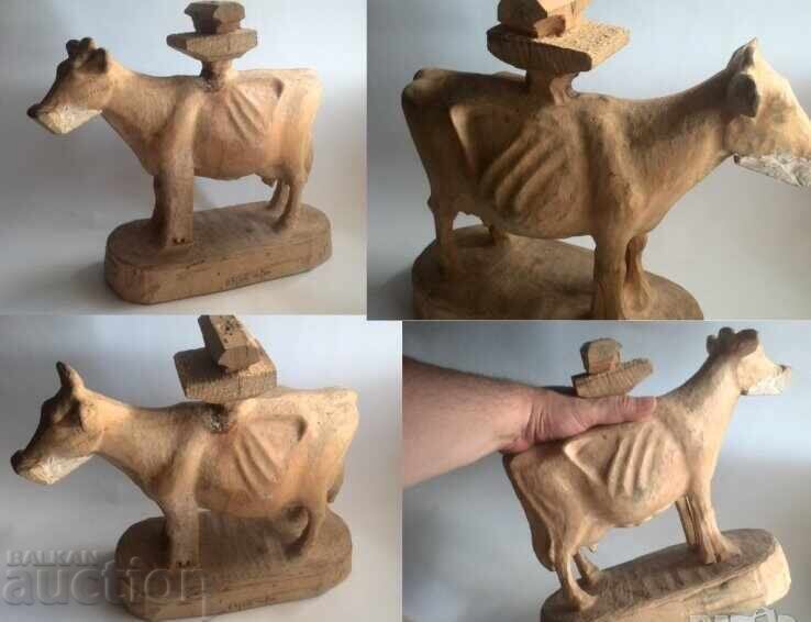 Unfinished large wood carving of a cow figure - 6