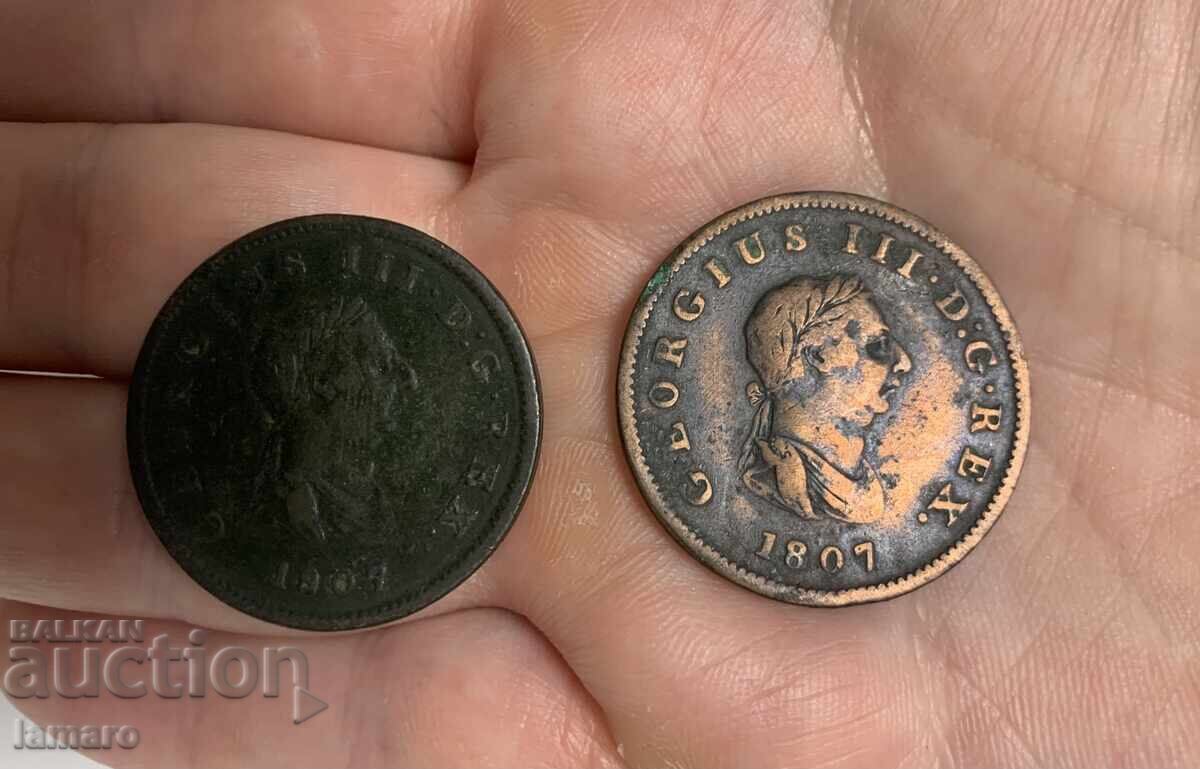 Πωλούνται 2 νομίσματα Ηνωμένου Βασιλείου ½ πένες, 1807 Πωλούνται 2 νομίσματα Ηνωμένου Βασιλείου ½ πένες, 1807