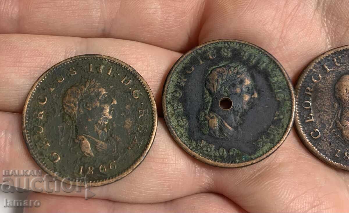 Аукцион Продавам 3 монети Великобритания ½ пени, 1806 година Аукцион Продавам 3 монети Великобритания ½ пени, 1806 година