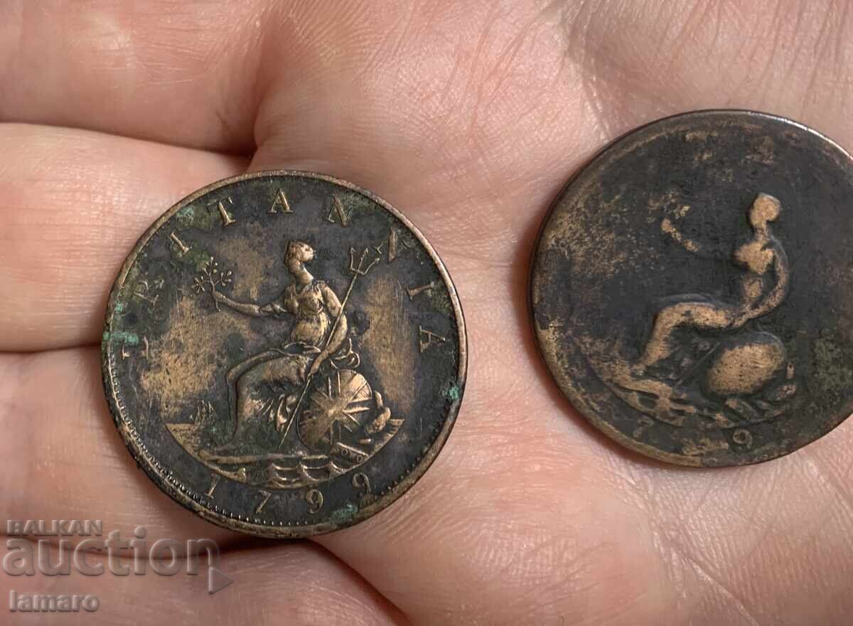 Πωλούνται 2 νομίσματα Ηνωμένου Βασιλείου ½ πένες, έτους 1799 με τιμή 25.00 BGN | € 12.78 Πωλούνται 2 νομίσματα Ηνωμένου Βασιλείου ½ πένες, έτους 1799 με τιμή 25.00 BGN | € 12.78