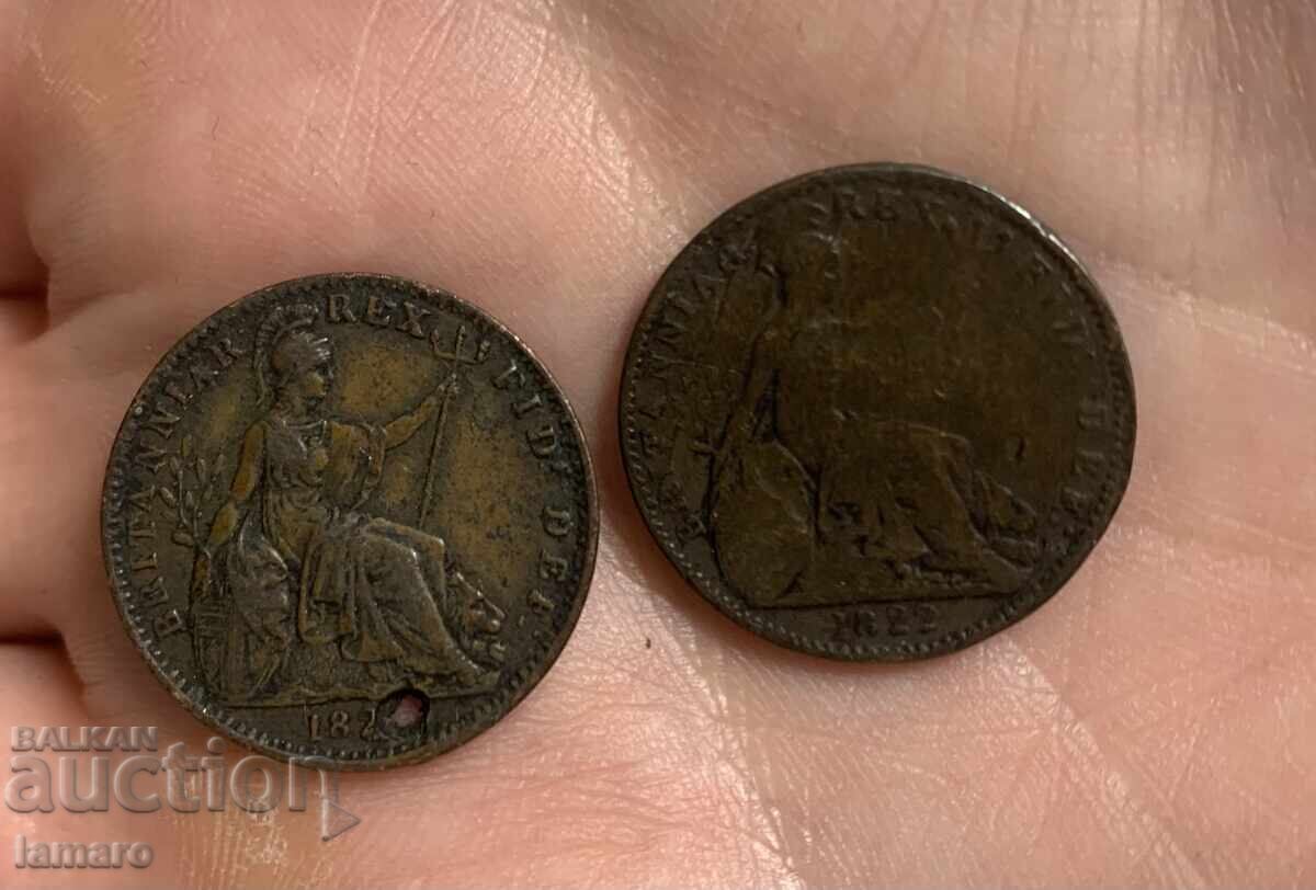 Πωλούνται 2 νομίσματα Ηνωμένου Βασιλείου 1 φαρθίνγκ 1822 με τιμή 20.00 BGN | € 10.23 Πωλούνται 2 νομίσματα Ηνωμένου Βασιλείου 1 φαρθίνγκ 1822 με τιμή 20.00 BGN | € 10.23