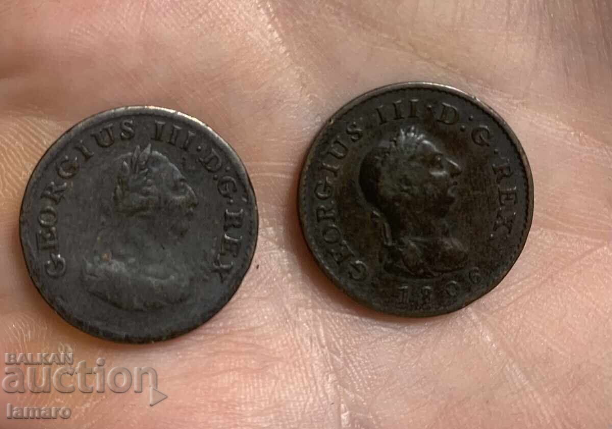 Πωλούνται 2 νομίσματα Ηνωμένου Βασιλείου 1 φαρθινγκ 1806 με τιμή € 10.23 | 20.01 BGN