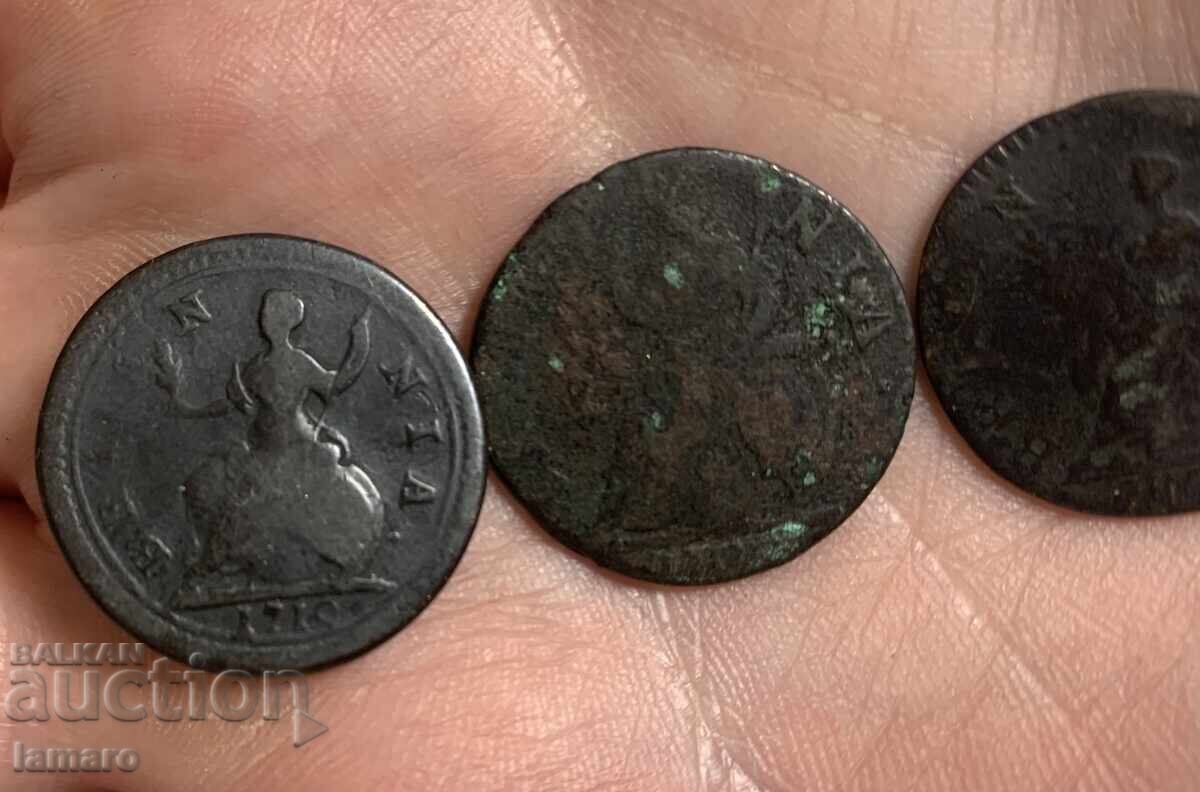 Лот 3 монети Великобритания 1 фартинг 1707. 1710 и 1775 с цена 20.00 лв. | € 10.23 Лот 3 монети Великобритания 1 фартинг 1707. 1710 и 1775 с цена 20.00 лв. | € 10.23