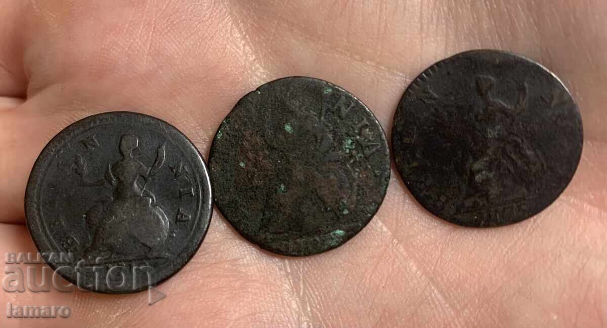 Лот 3 монети Великобритания 1 фартинг 1707. 1710 и 1775 Лот 3 монети Великобритания 1 фартинг 1707. 1710 и 1775