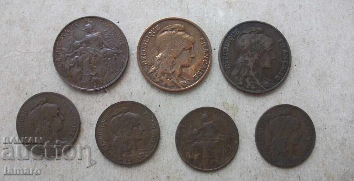 Παράδοση 7 γαλλικά νομίσματα 5+10 Centimes από 1898 1899 1900