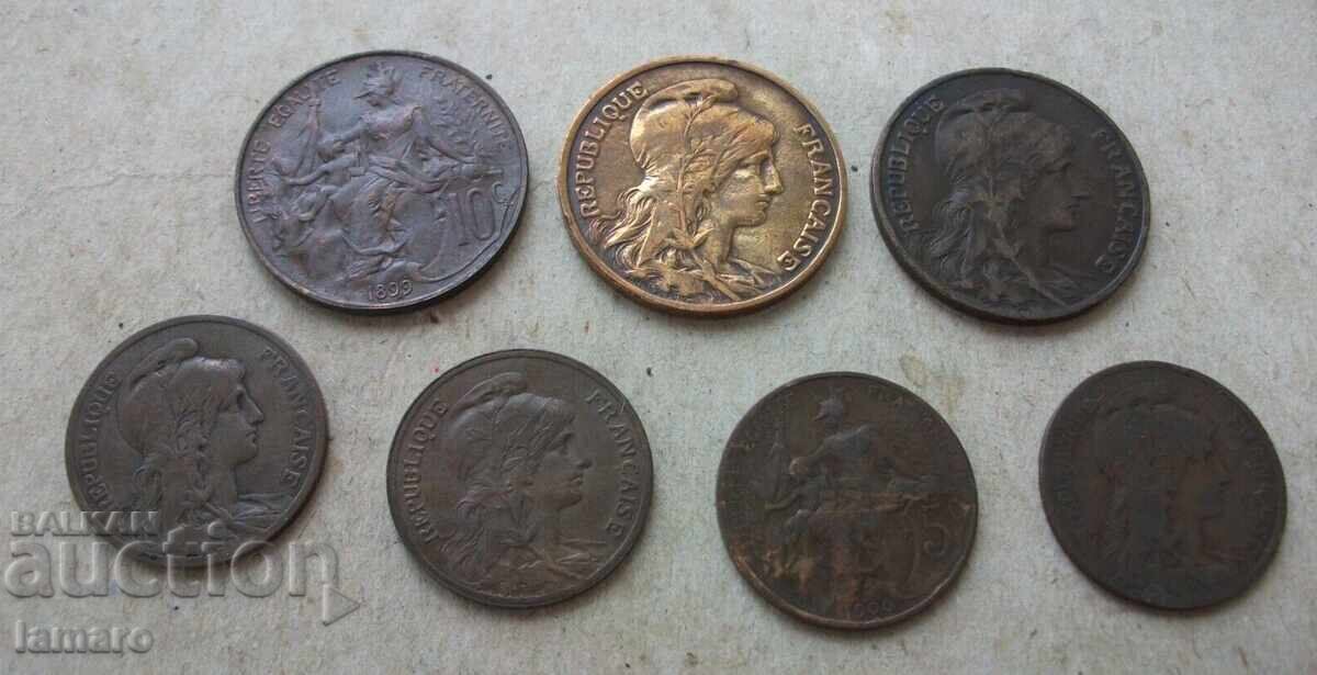 7 γαλλικά νομίσματα 5+10 Centimes από 1898 1899 1900