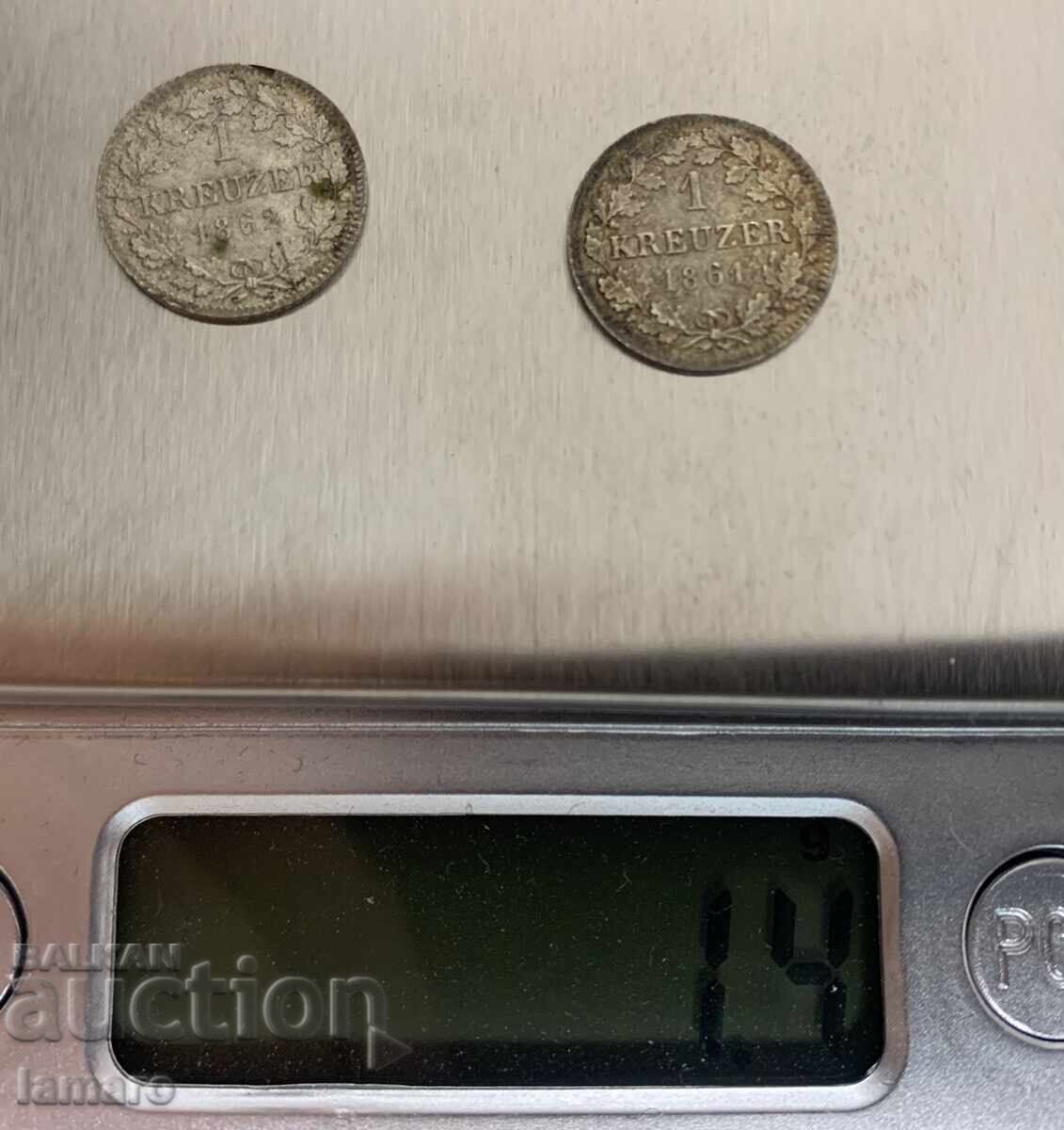 Auction  Two silver rare coins 1 kreuzer 1861 and 1862 year