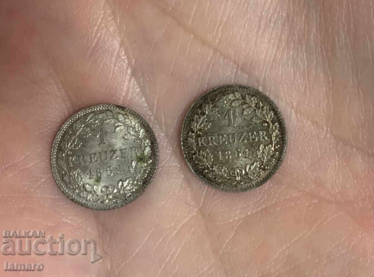 Two silver rare coins 1 kreuzer 1861 and 1862 year