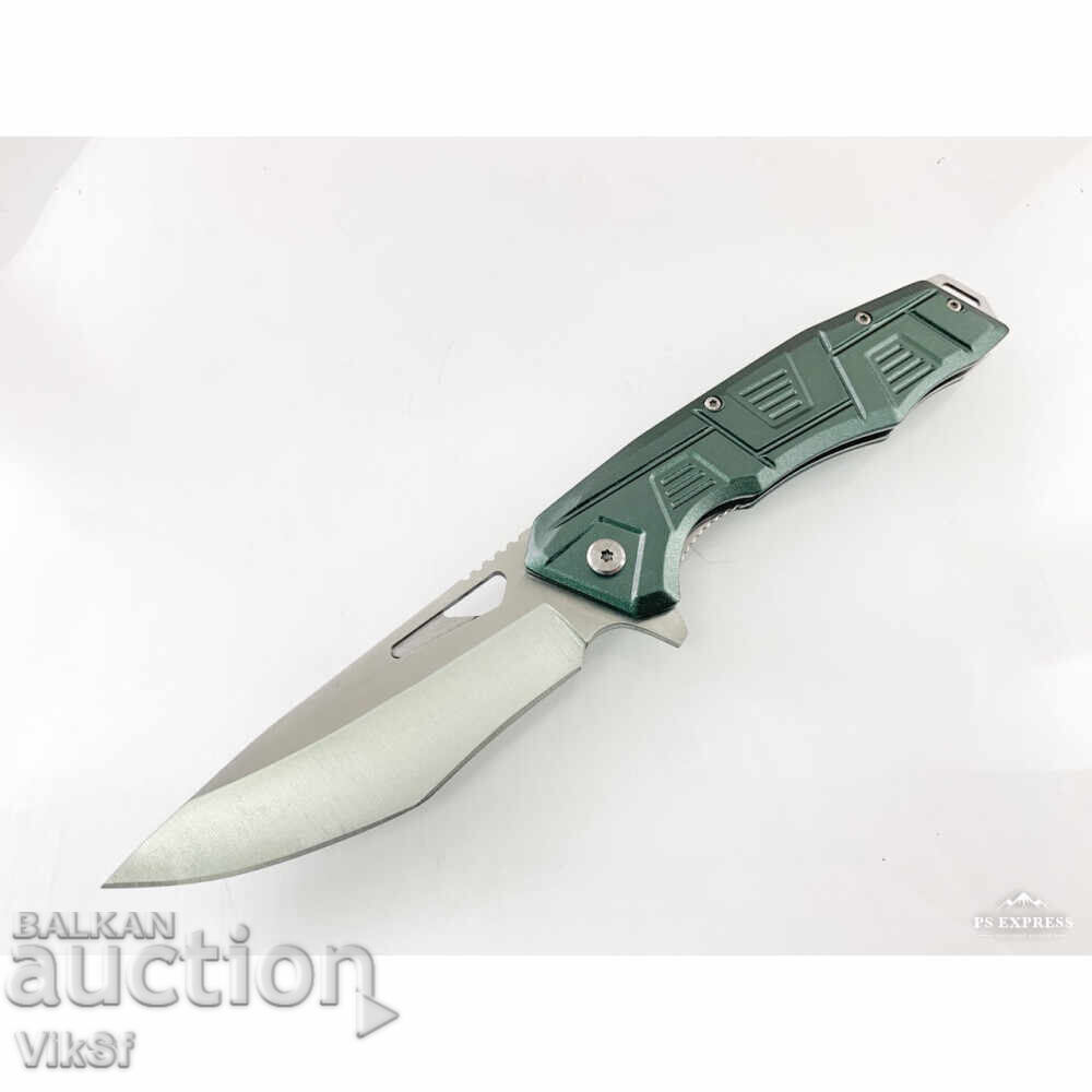 Folding automatic knife with green aluminum handle