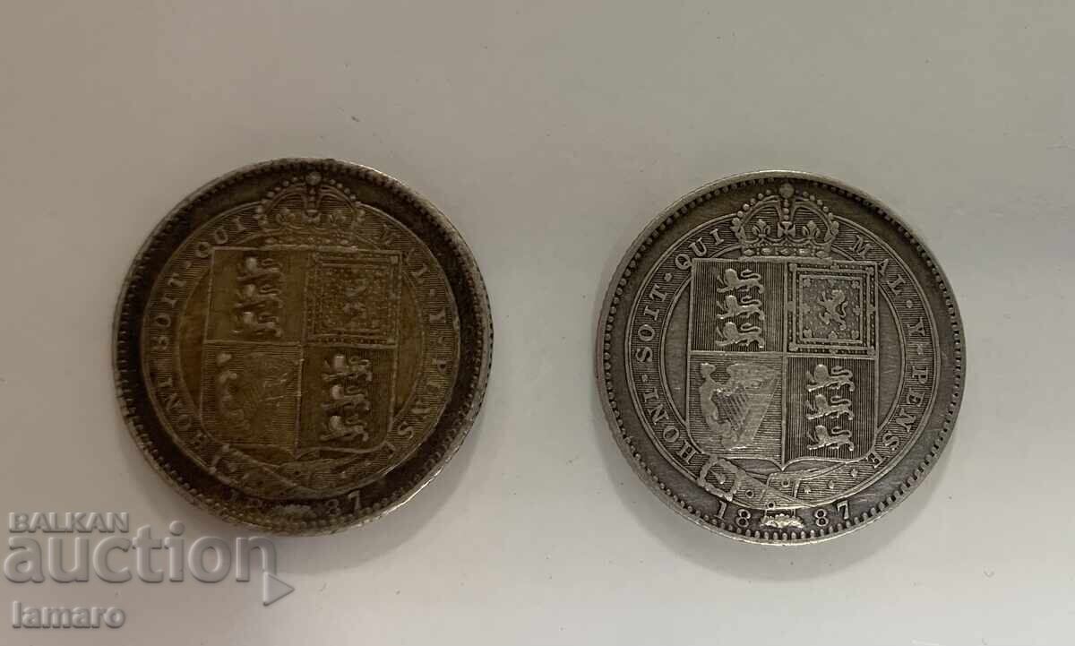 Δύο ασημένια νομίσματα 1 σελίνι από το 1887 τέλεια με τιμή 80.00 BGN | € 40.90