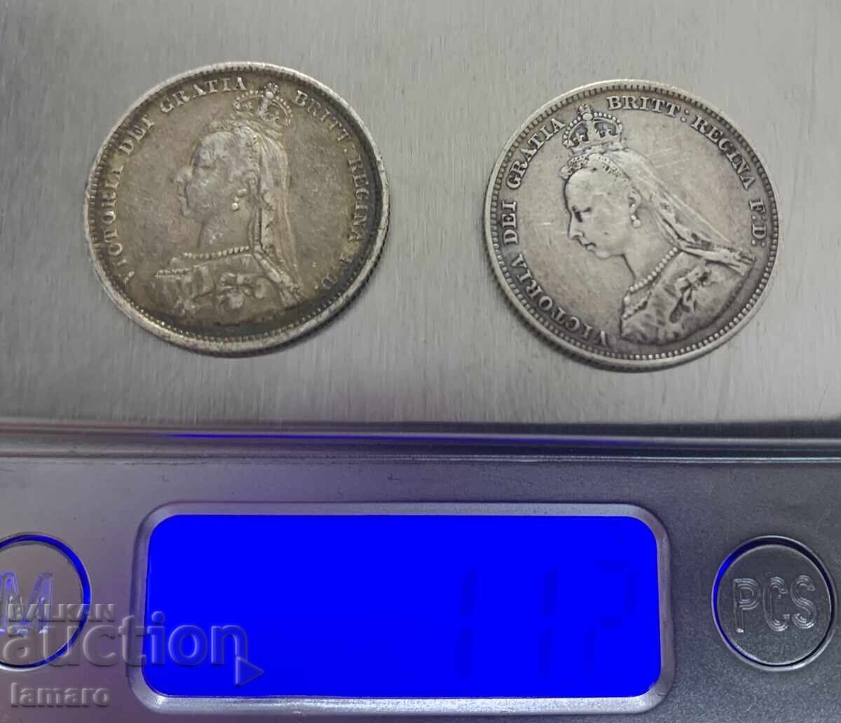 Δημοπρασία Δύο ασημένια νομίσματα 1 σελίνι από το 1887 τέλεια