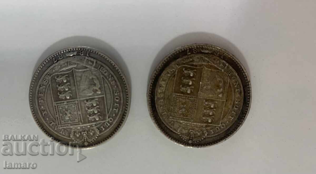 Παράδοση Δύο ασημένια νομίσματα 1 σελίνι από το 1887 τέλεια