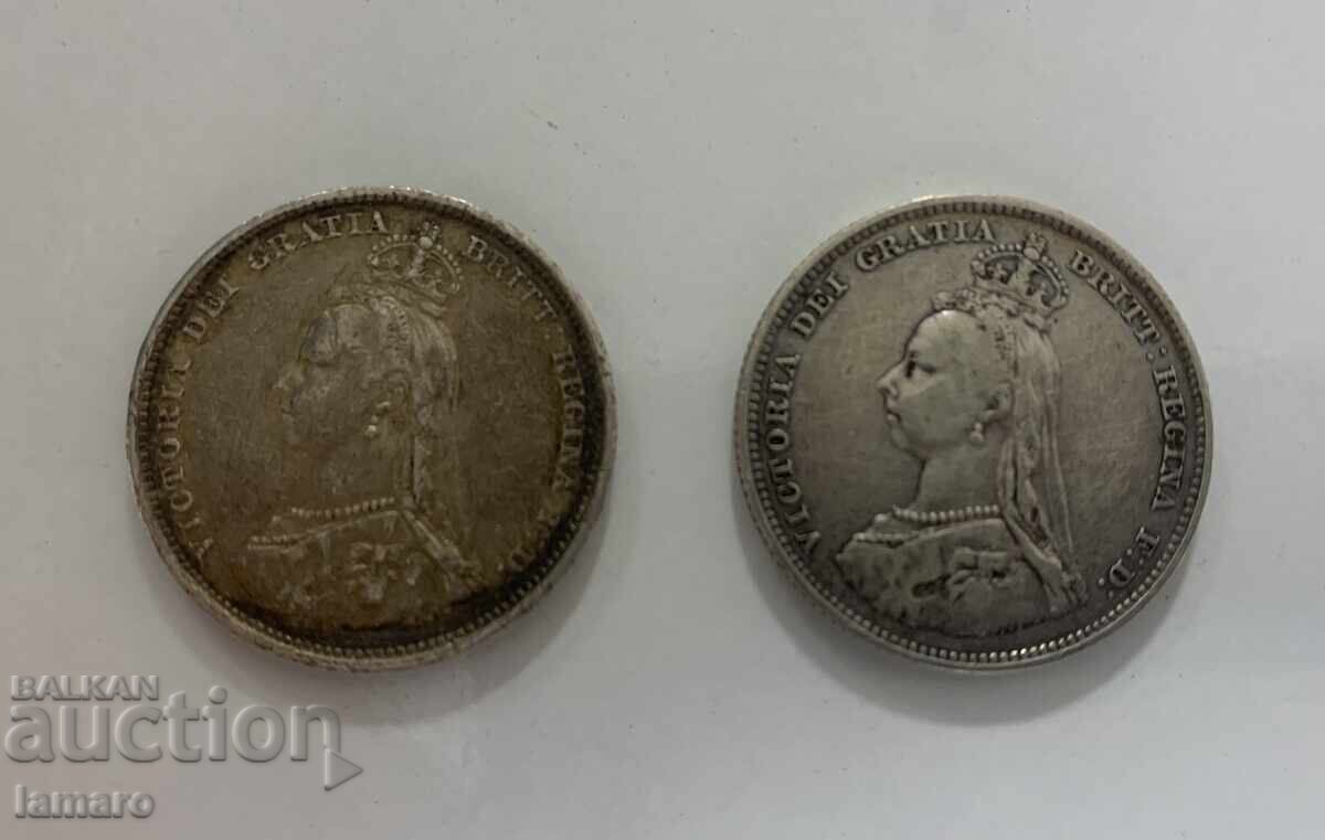Două monede de argint 1 șiling din 1887 perfecte