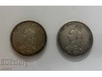 Two silver coins, 1 shilling from 1887, perfect
