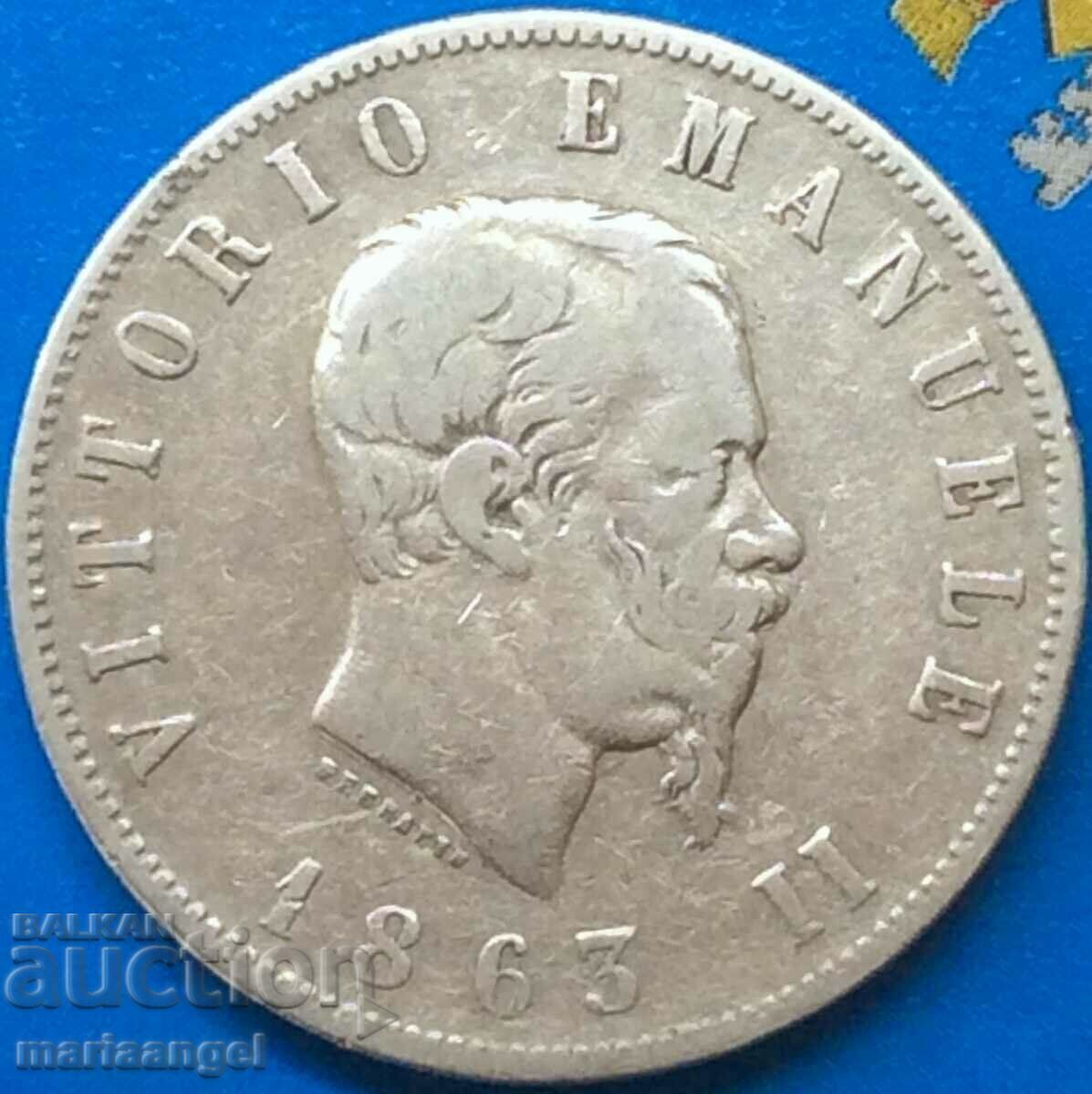 2 pounds 1863 T - Turin Italy "SHIELD" Shield BN - Birmingham Ag with price 55.00 BGN | € 28.12