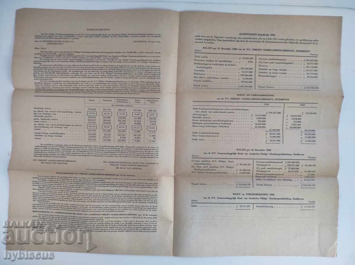 Емисия акции на Philips Netherlands, проспект 1951 г. с цена 1.00 лв. | € 0.51