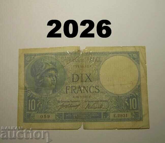 Скъсана Франция 10 франка 1917