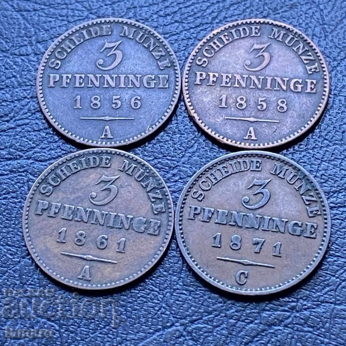Old 4 pieces coins 3 Pfennig from 1856, 1858, 1861, 1871