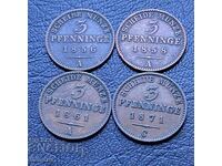 Τέσσερα παλιά νομίσματα 3 Pfennig από 1856, 1858, 1861, 1871