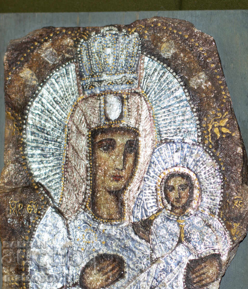 Παράδοση Χειροποίητη αγιογραφία σε πέτρα, Παναγία με τον Χριστό