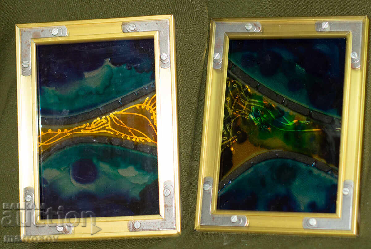 Δύο χειροποίητοι αφηρημένοι πίνακες ζωγραφικής σε γυαλί - 5