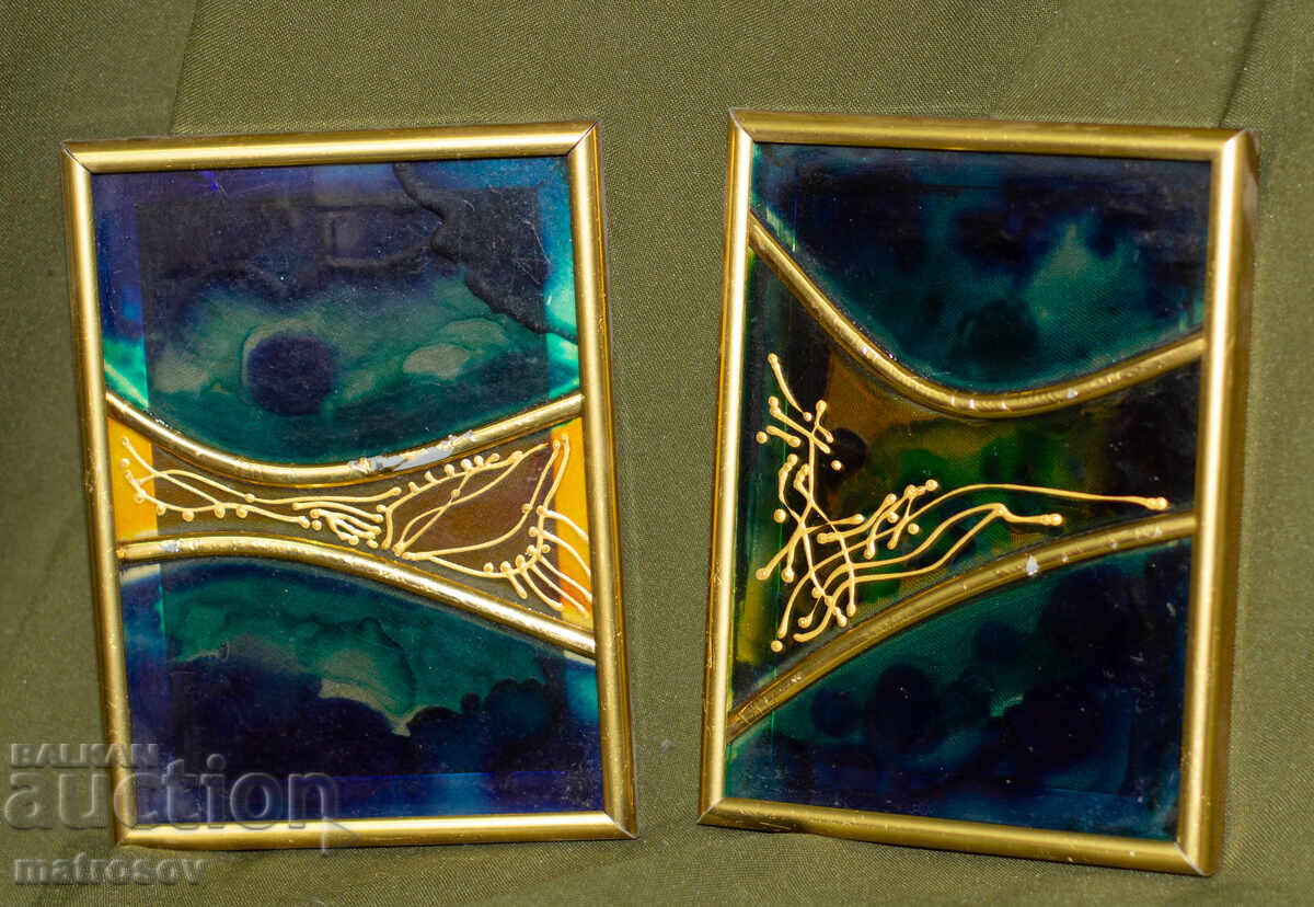 Δύο χειροποίητοι αφηρημένοι πίνακες ζωγραφικής σε γυαλί