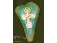 Hand-painted stone, Crucifixion, signed and dated