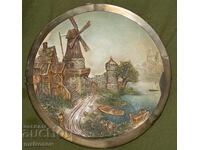 Farfurie ceramică veche, pictată manual, cu aplicații de cupru