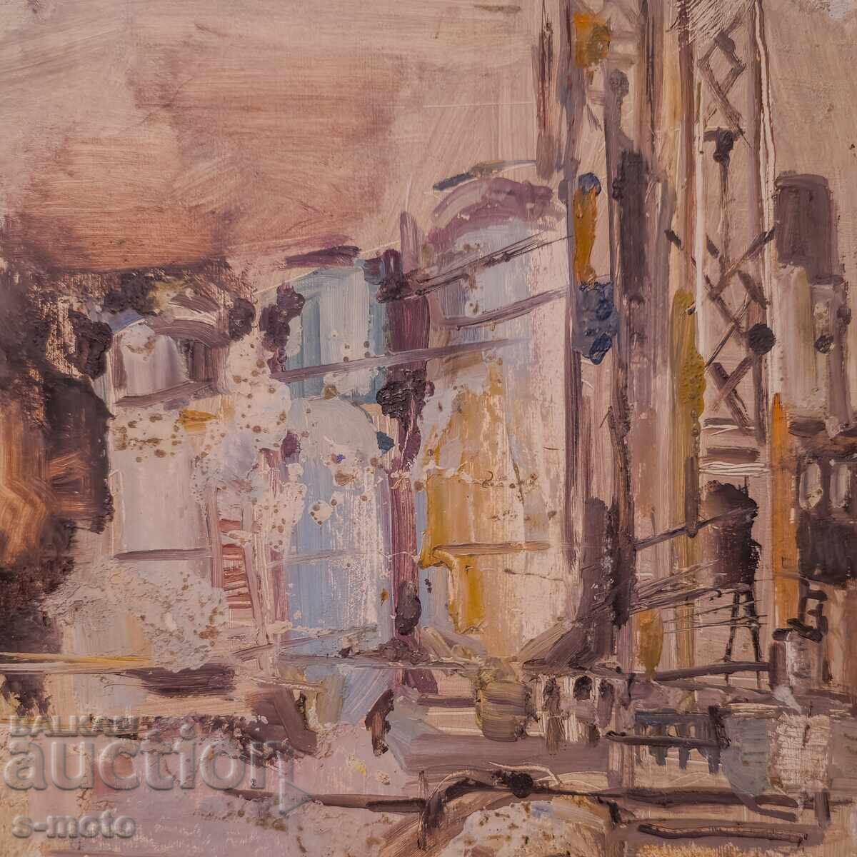 Δημοπρασία Παλαιό ελαιογραφία, βιομηχανικό τοπίο εργοστασίου Δημοπρασία Παλαιό ελαιογραφία, βιομηχανικό τοπίο εργοστασίου