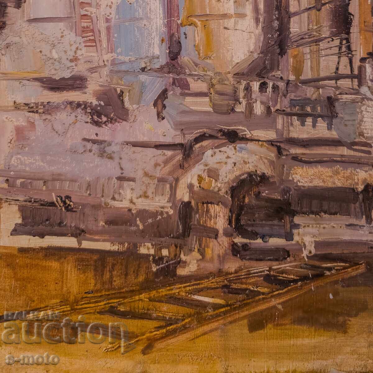 Παράδοση Παλαιό ελαιογραφία, βιομηχανικό τοπίο εργοστασίου Παράδοση Παλαιό ελαιογραφία, βιομηχανικό τοπίο εργοστασίου