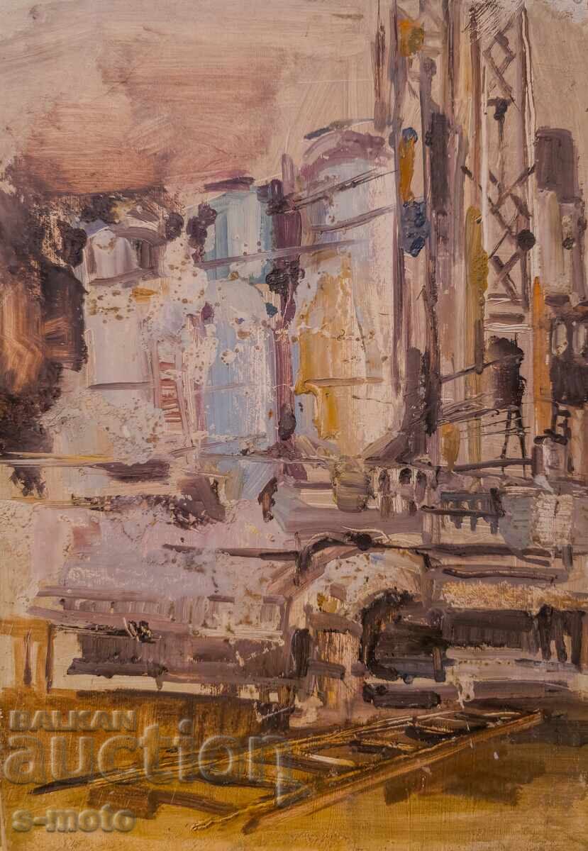 Παλαιό ελαιογραφία, βιομηχανικό τοπίο εργοστασίου Παλαιό ελαιογραφία, βιομηχανικό τοπίο εργοστασίου