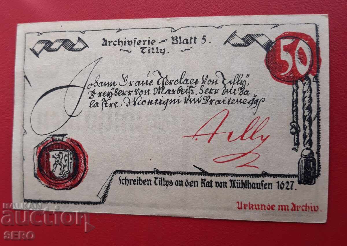 Банкнота-Германия-Тюрингия-Мюлхаузен-50 пфенига 1921 с цена 2.00 лв. | € 1.02