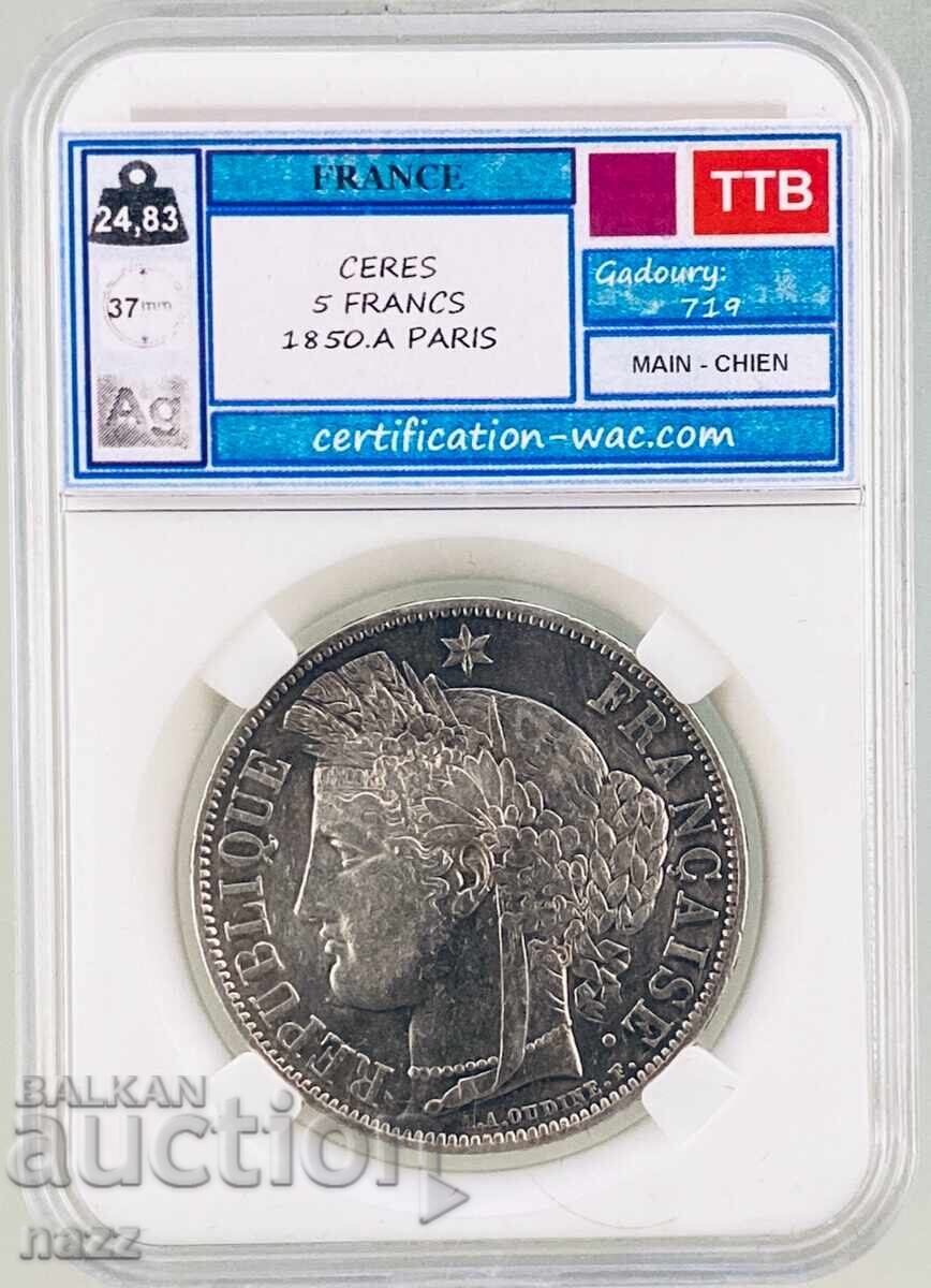 Γαλλία 5 Φράγκα 1850 Α / Ασήμι