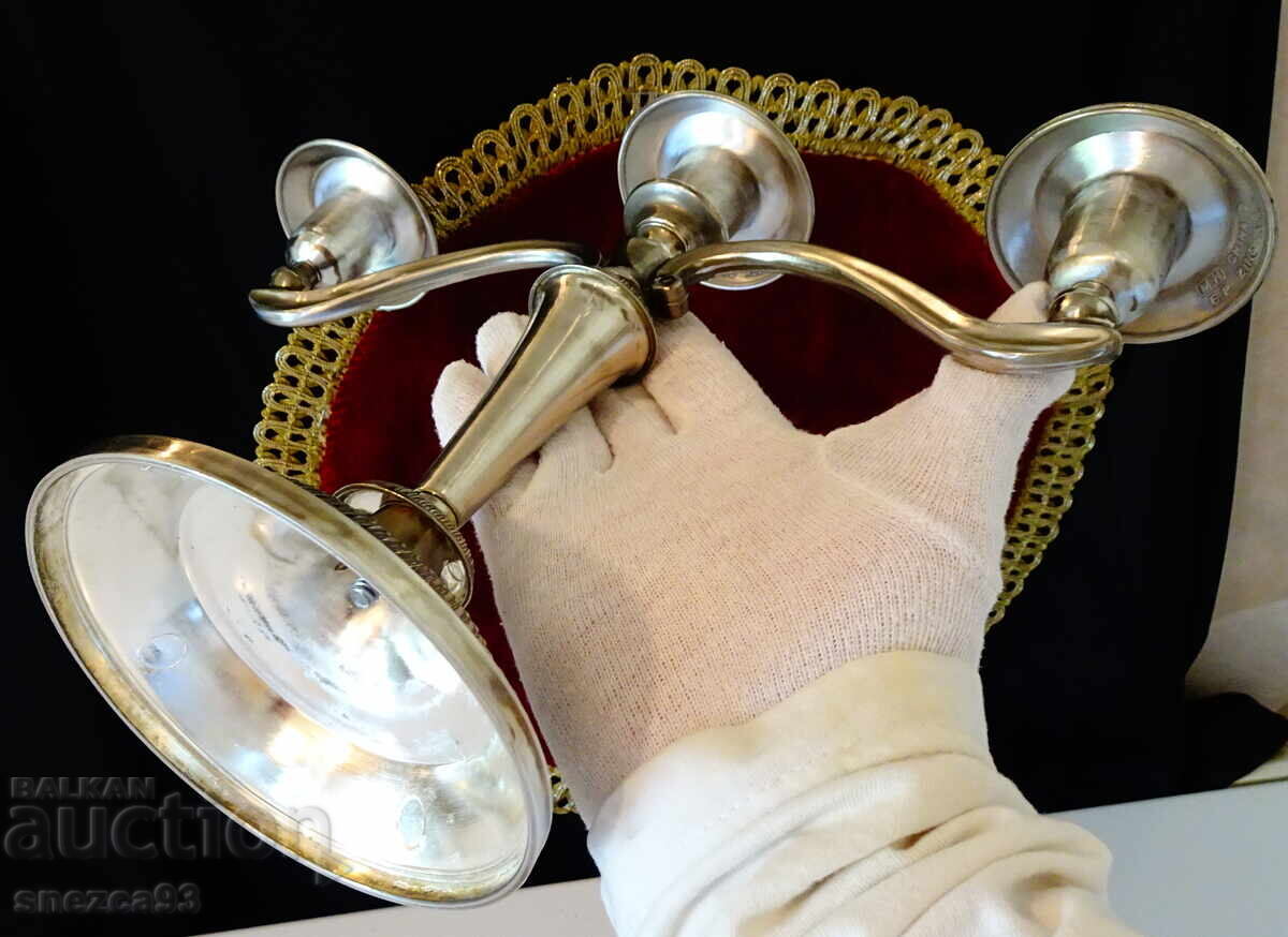 Посребрен троен свещник,свещник тройка,релеф. - 5