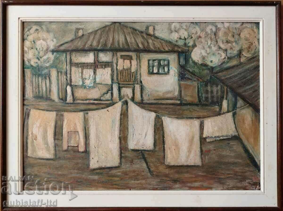 Picture, "Old house with laundry", art. D. Stanchev, 1970s Picture, "Old house with laundry", art. D. Stanchev, 1970s