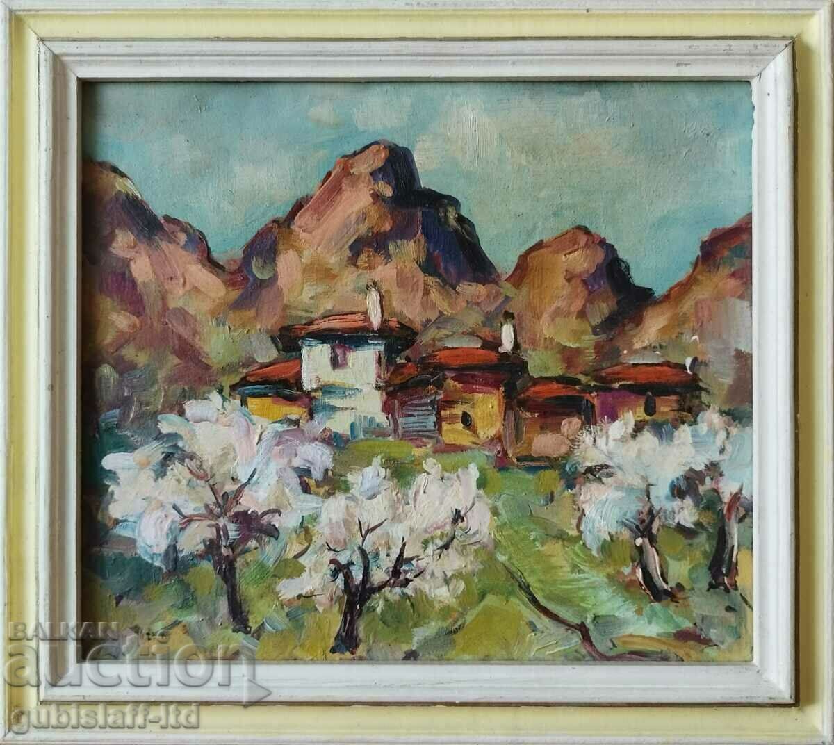 Картина, пролетен пейзаж, къщи