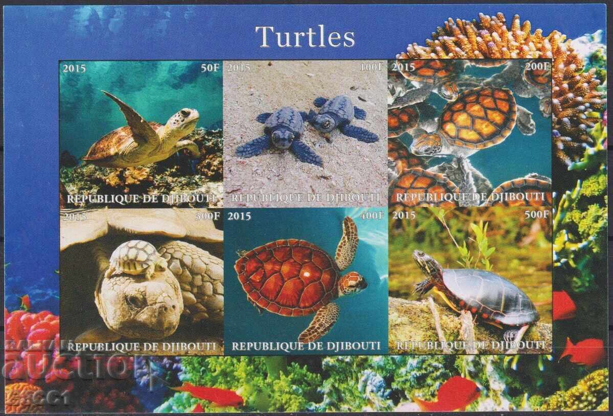 Καθαρές γραμματόσημες σε μικρό φύλλο Fauna Χελώνες 2015 από Τζιμπουτί