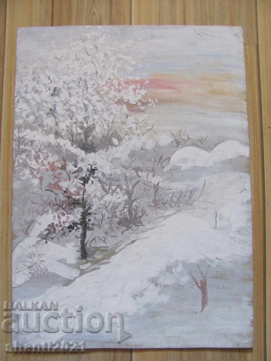 Auction  Acrylic painting - winter, cardboard, 48x34cm