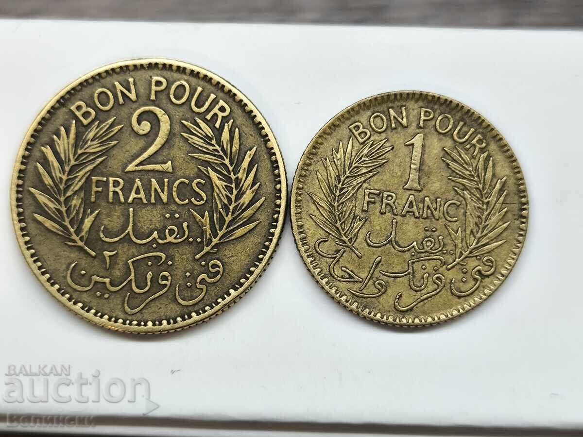 1 and 2 Francs Tunisia 1945 with price 14.00 BGN | € 7.16