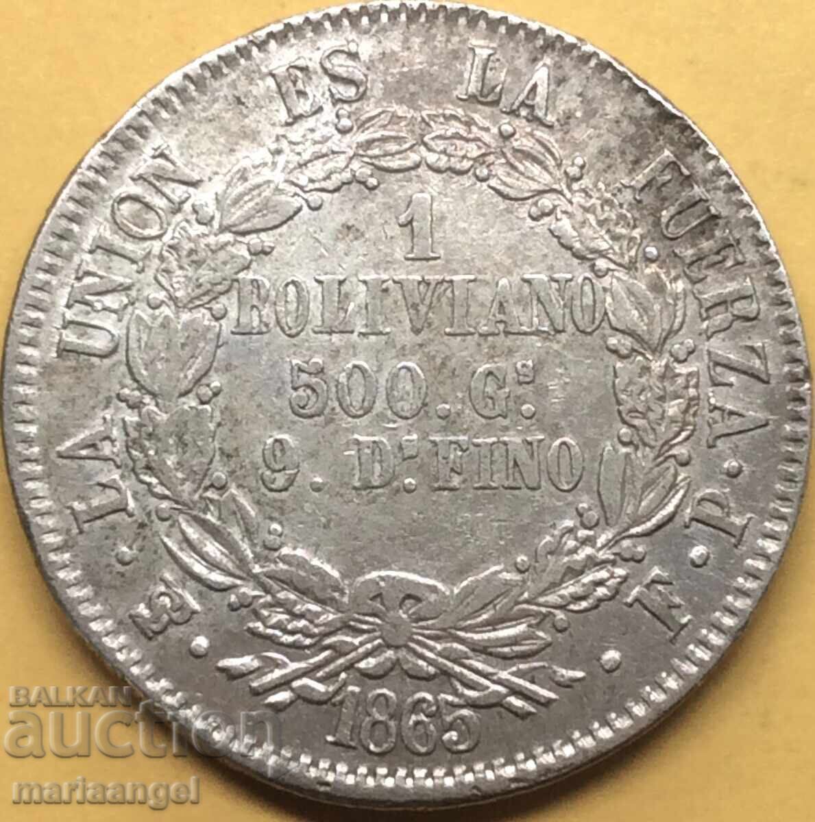 Bolivia 1865 1 boliviano 24,85g argint - extrem de rar cu preț 154.00 BGN | € 78.74