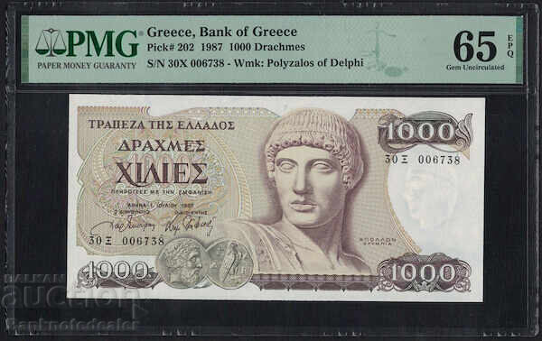 Greece 1000 Drachmas 1987 PMG 65 Uncirculated Pick 202 LOW