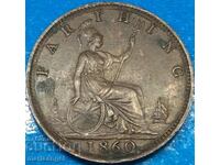 Marea Britanie 1/4 penny 1860 Farthing Victoria, monetărie Londra