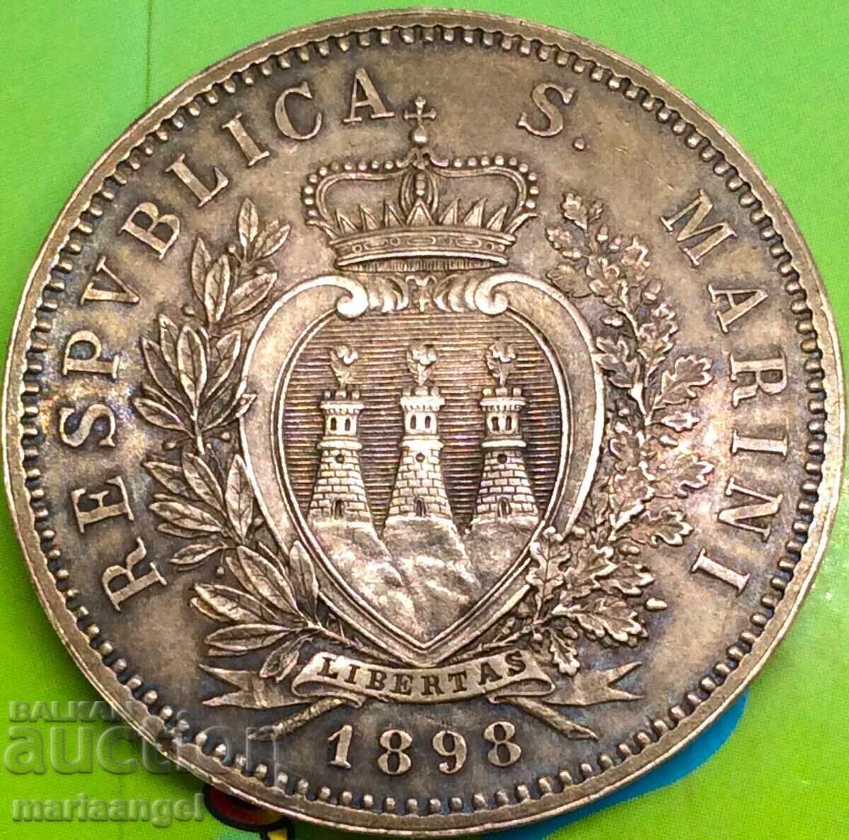 Сан Марино 5 Лири 1898 25,00г сребро Златна патина - рядка с цена 516.00 лв. | € 263.83