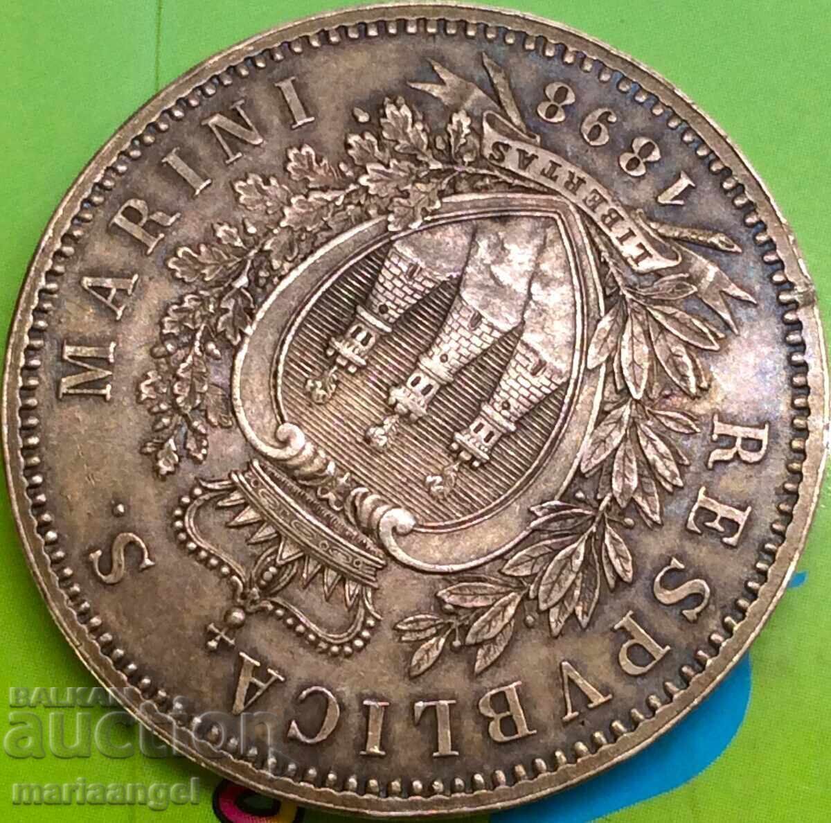 Доставка на Сан Марино 5 Лири 1898 25,00г сребро Златна патина - рядка