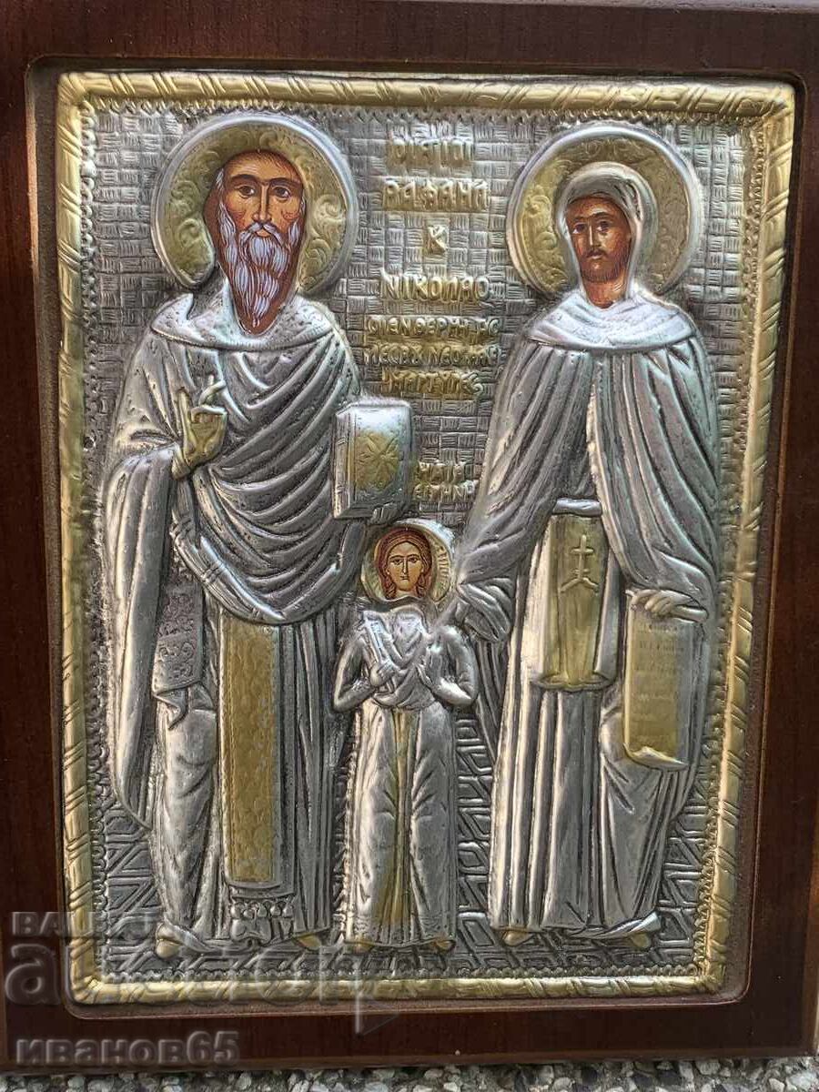 Icon of Saint Raphael, Nicholas, and Irene with price 50.00 BGN | € 25.56 Icon of Saint Raphael, Nicholas, and Irene with price 50.00 BGN | € 25.56