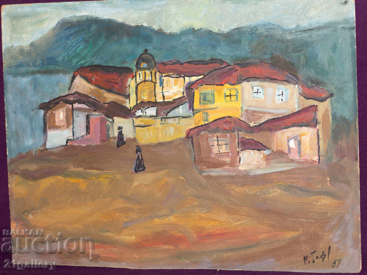 Auction  Oil painting, rural landscape 1957