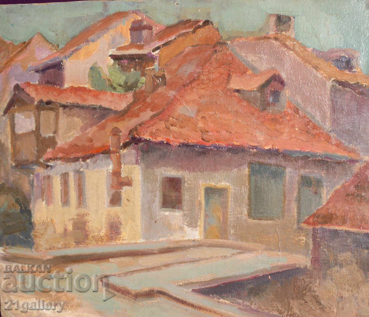 Old oil painting, city landscape