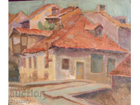 Tablou vechi în ulei, peisaj urban